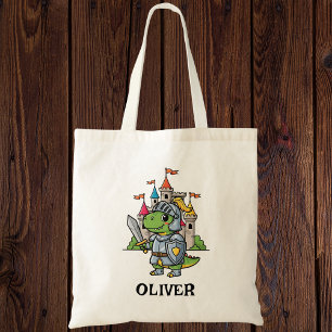 Schattige Cartoon Dinosaurus Ridder in Harnas Tote Bag