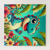 Schattige Cartoon dinosaurus temidden van levendig Legpuzzel (Horizontaal)