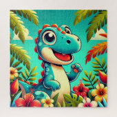 Schattige Cartoon dinosaurus temidden van levendig Legpuzzel (Verticaal)