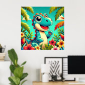 Schattige Cartoon dinosaurus temidden van levendig Poster (Thuiskantoor)