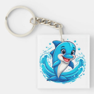 Schattige Cartoon Dolfijn Spetterend in Water Sleutelhanger