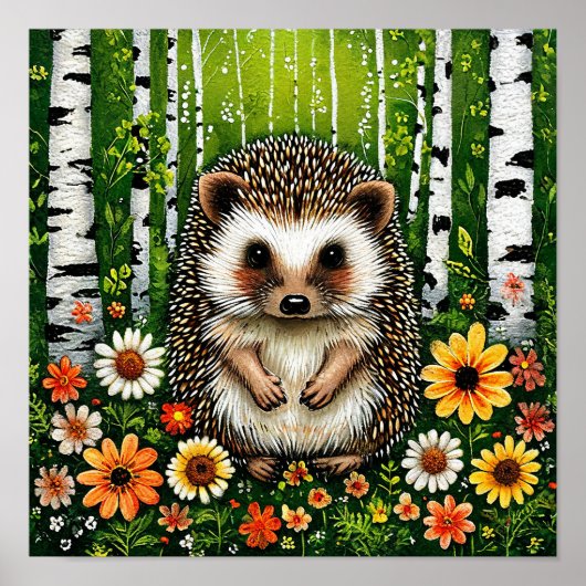 Schattige Cartoon Egel in Berkenbos Poster (Voorkant)
