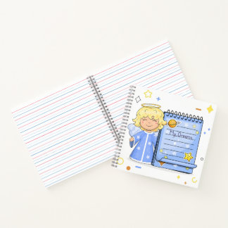 Schattige cartoon engel met blauwe notitieboek