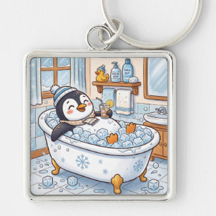 Schattige Cartoon Gelukkige Pinguïn Die Een Bad Ne Sleutelhanger