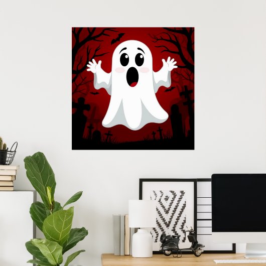 Schattige Cartoon Ghost in Spooky Halloween Poster (Thuiskantoor)