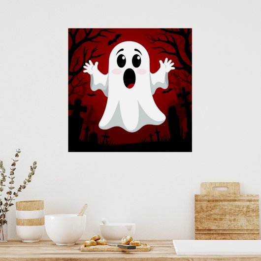 Schattige Cartoon Ghost in Spooky Halloween Poster (Keuken)