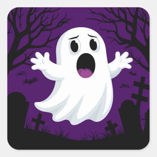 Schattige Cartoon Ghost in Spooky Halloween Vierkante Sticker (Voorkant)