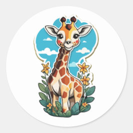 Schattige Cartoon Giraffe met tropische bloemen Ronde Sticker
