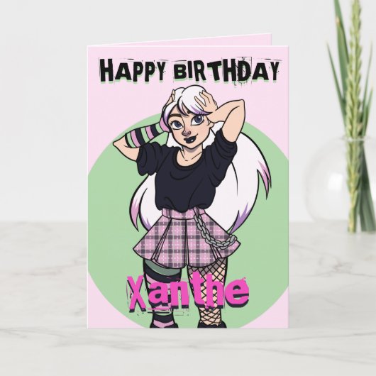 Schattige Cartoon Gothic Meisje Roze Verjaardag Kaart (Voorkant)