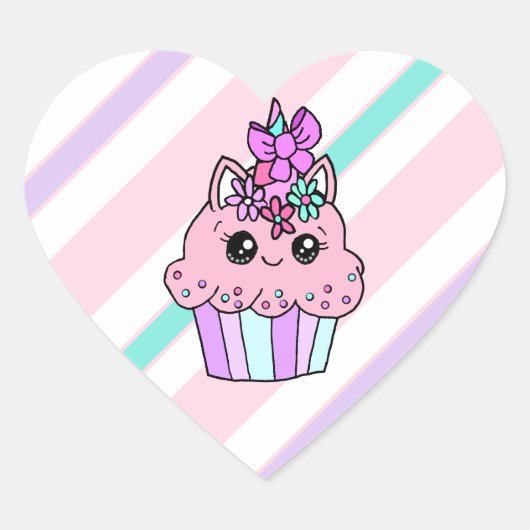 Schattige Cartoon Hart Eenhoorn Cupcake Hart Sticker (Voorkant)
