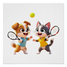 Schattige Cartoon Hond en Kat die Padel Tennis spe