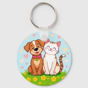 Schattige Cartoon Hond en Kat die Samen Zitten Sleutelhanger