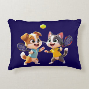 Schattige Cartoon Hond en Kat Spelen Padel Tennis Accent Kussen