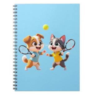 Schattige Cartoon Hond en Kat Spelen Padel Tennis Notitieboek