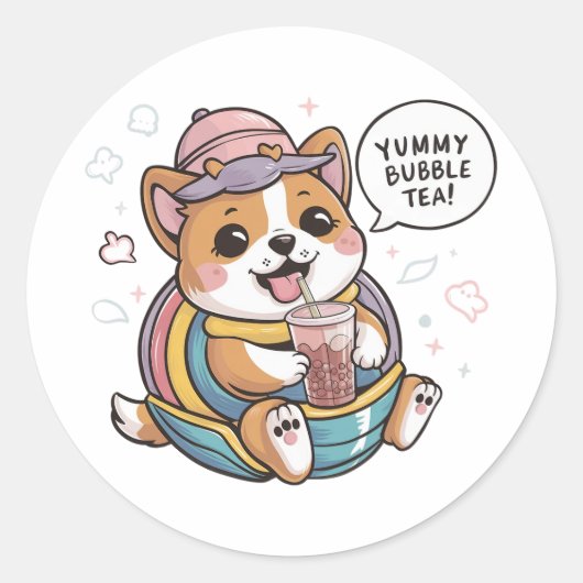 Schattige cartoon hond: Gezellig, Kawaii Vibes Ronde Sticker (Voorkant)