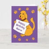 Schattige Cartoon Hond met Bericht Paarse Verjaard Kaart (Gele Bloem)