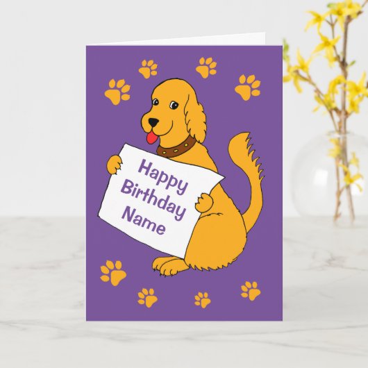 Schattige Cartoon Hond met Bericht Paarse Verjaard Kaart (Gele Bloem)