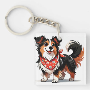 Schattige Cartoon Hond met een Bloemendoek Sleutelhanger