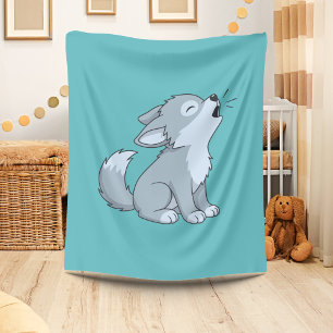 Schattige Cartoon Huilende Wolf Pup Groene Fleece Deken