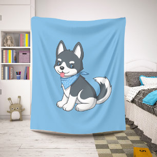 Schattige Cartoon Husky Puppy Hond op Blauwe Onder Sherpa Deken