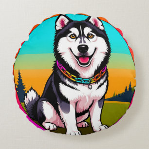 Schattige Cartoon-huskyhond met halsband Rond Kussen