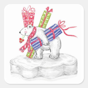 Schattige Cartoon Ijsbeer met Kerstcadeaus Vierkante Sticker