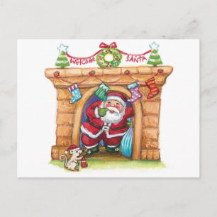 Schattige Cartoon Jollie Kerstman die door de Scho Feestdagenkaart