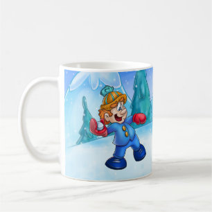 schattige cartoon jongen die sneeuwbal gooit koffiemok