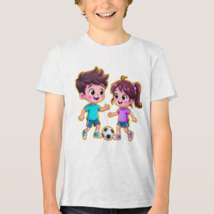 Schattige Cartoon Jongen en Meisje die Samen Voetb Tri-Blend Shirt