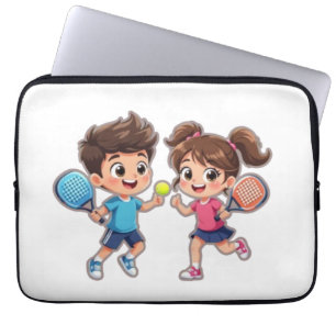 Schattige Cartoon Jongen en Meisje Spelen Padel Te Laptop Sleeve