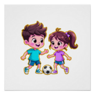 Schattige Cartoon Jongen en Meisje Spelen Samen Vo Perfect Poster
