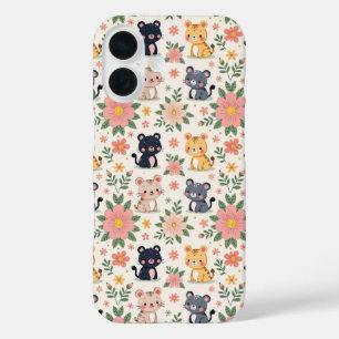 Schattige Cartoon Junglekatten en Bloemen iPhone 16 Hoesje