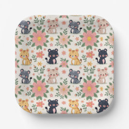 Schattige Cartoon Junglekatten en Bloemen Papieren Bordje