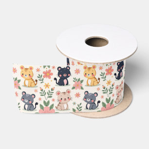 Schattige Cartoon Junglekatten en Bloemen Satijnen Lint