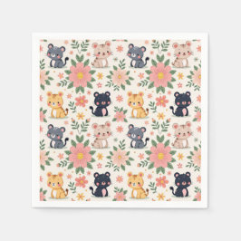 Schattige Cartoon Junglekatten en Bloemen Servet