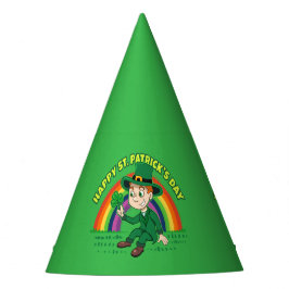 Schattige cartoon kabouter met klaver en regenboog feesthoedjes