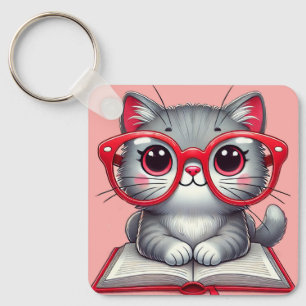 Schattige cartoon kat draagt een bril sleutelhanger