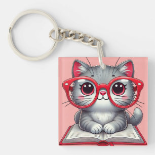 Schattige cartoon kat draagt een bril sleutelhanger