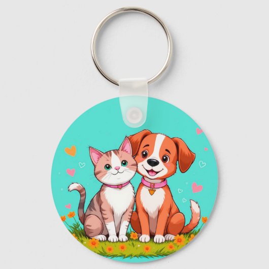 Schattige Cartoon Kat en Hond Samen Sleutelhanger (Voorkant)