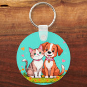 Schattige Cartoon Kat en Hond Samen Sleutelhanger (Achterkant)