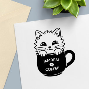 Schattige Cartoon Kat in Koffiekopje Aangepaste Te Zelfinktende Stempel