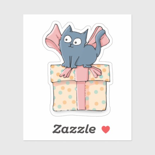 Schattige Cartoon Kat op geschenkdoos met roze lin Sticker (Vel)