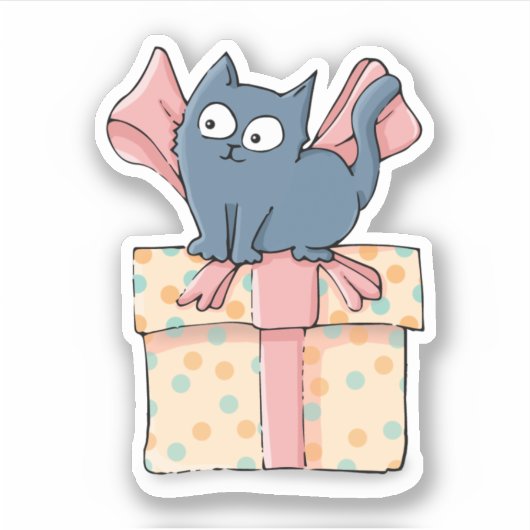 Schattige Cartoon Kat op geschenkdoos met roze lin Sticker (Voorkant)