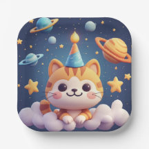 Schattige Cartoon Kat Op Wolk Met Feesthoed