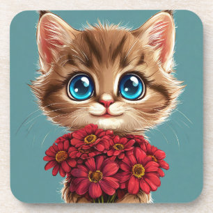 🐱 Schattige Cartoon Kat Rode Bloem Thuis Geschenk Bier Onderzetter