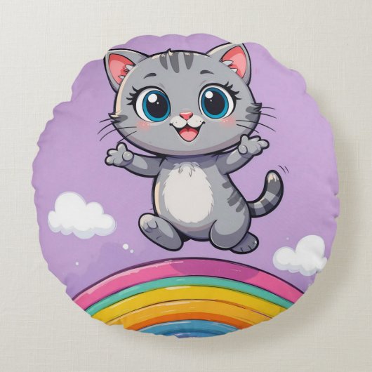 Schattige Cartoon Kat Springt Joolijk Rond Kussen (Voorkant)