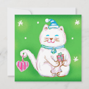 Schattige Cartoon Kerstkat met een Kerstmannenhoed Feestdagenkaart