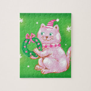Schattige Cartoon Kerstkat met Krans Legpuzzel
