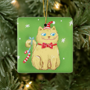 Schattige Cartoon Kerstkat met Sinterklaas Hoed Keramisch Ornament