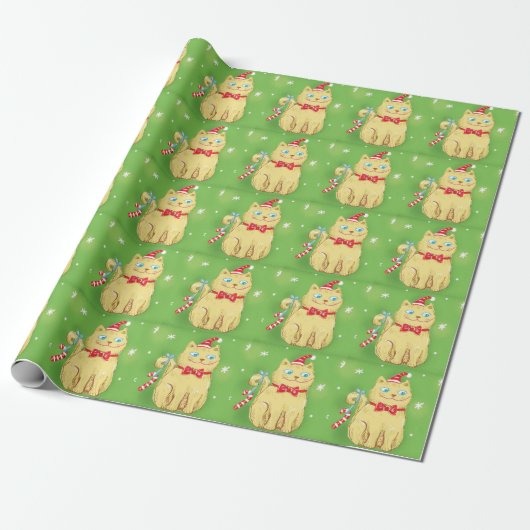 Schattige Cartoon Kerstkat met Sinterklaashoed Cadeaupapier (Uitgerold)